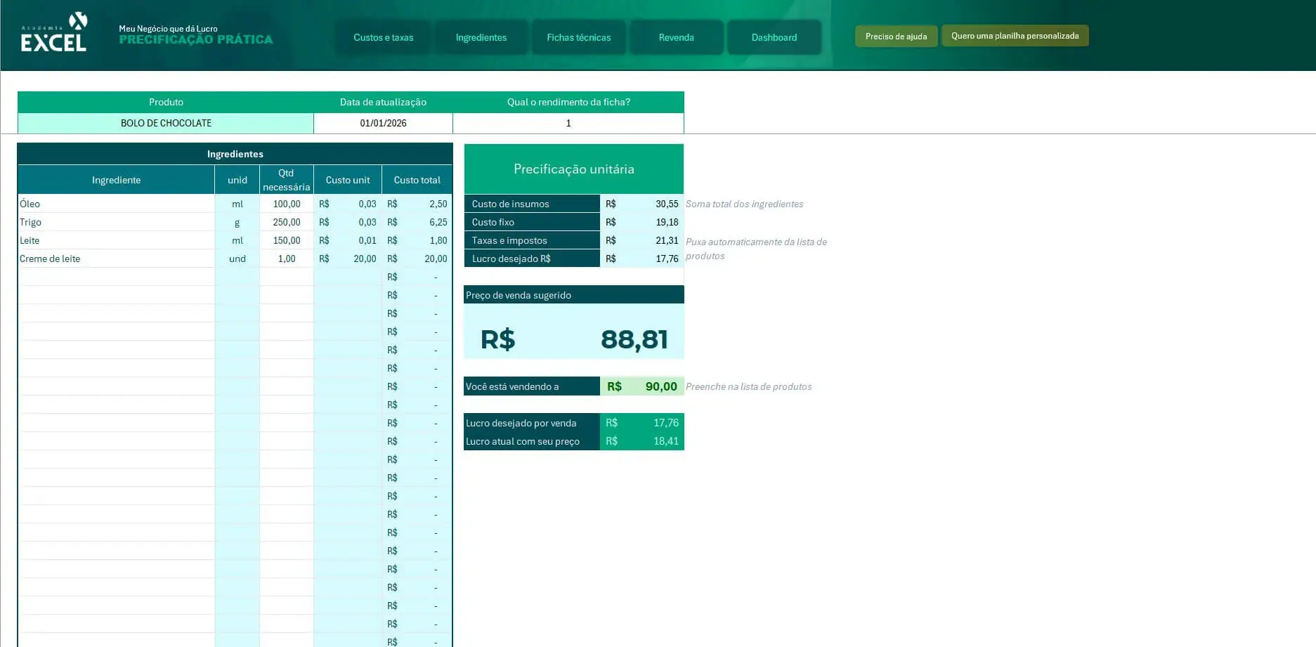 Fichas técnicas — detalhe do produto com ingredientes, custo e preço sugerido