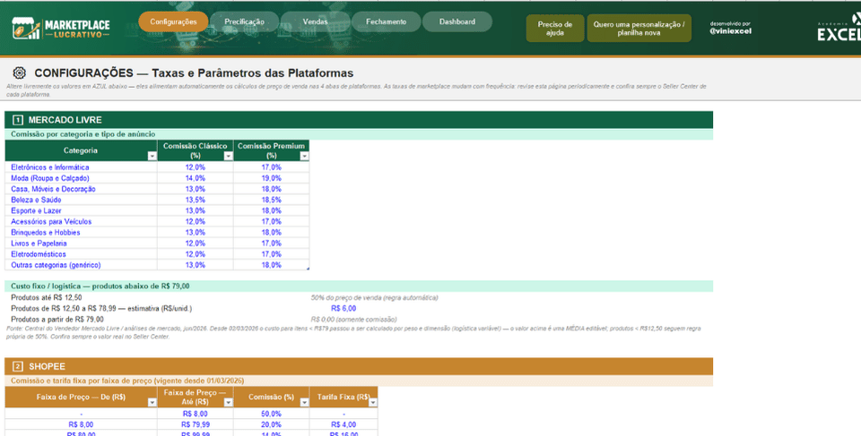 Tela Configurações da planilha