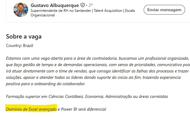 Print de vaga do Santander destacando domínio de Excel avançado