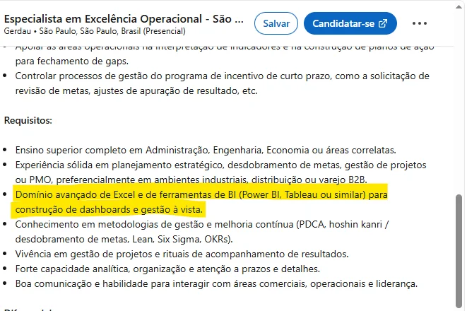 Print de vaga da Gerdau destacando domínio avançado de Excel